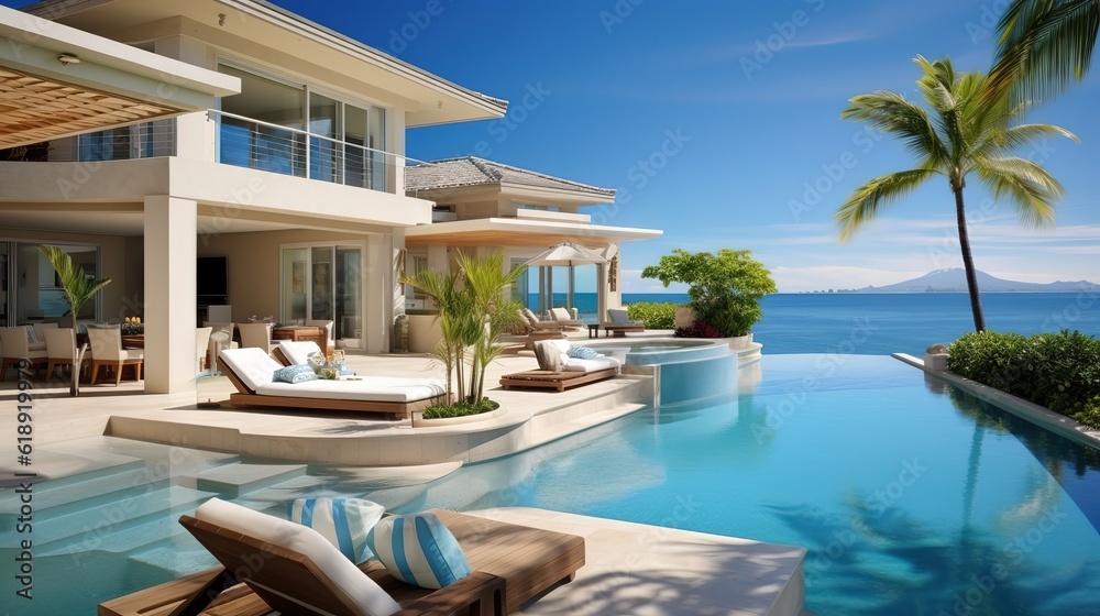Elegantly Composed Home luxury villa with large swimming pool, Luxury modern estate property on hill with stunning sea view, Summer vacation, tourism, generative ai.