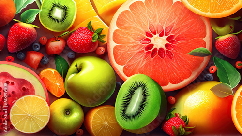 Still life of fresh fruit. Bright summer background of kiwi slices  apples and oranges. Generative AI.