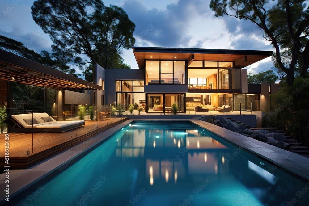 night view Modern Luxury villa with large swimming pool, generative ai. night view Modern Luxury villa with large swimming pool, generative ai.