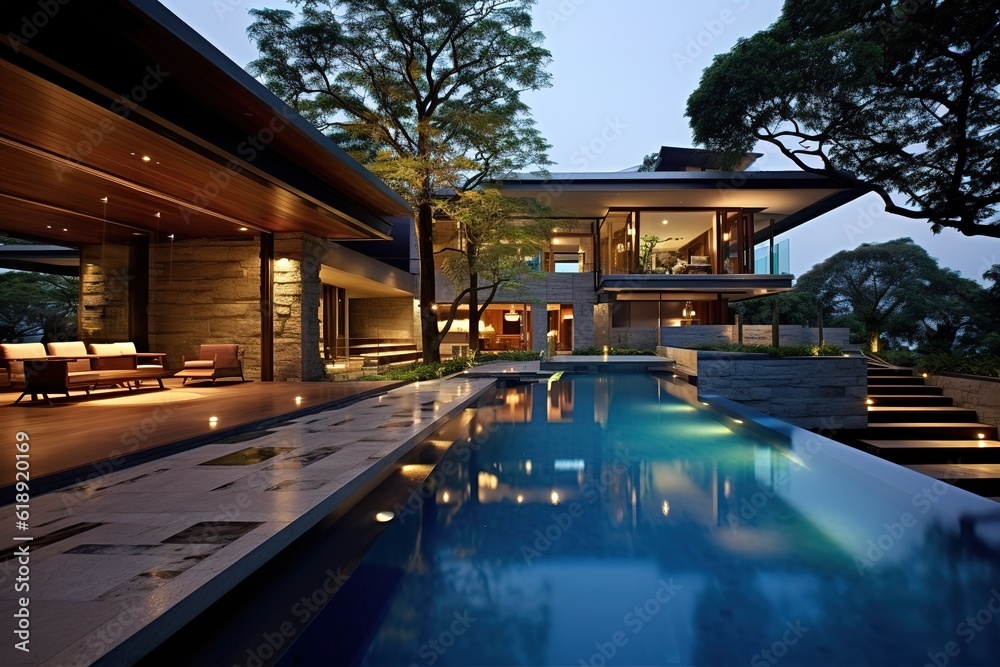night view Modern Luxury villa with large swimming pool, generative ai.