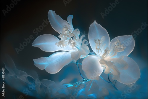 a close up of a white flower on a black background with a blue light in the middle of the image and a black background with a white flower in the middle of the middle of the image.