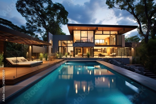 night view Modern Luxury villa with large swimming pool, generative ai. © Jim1786