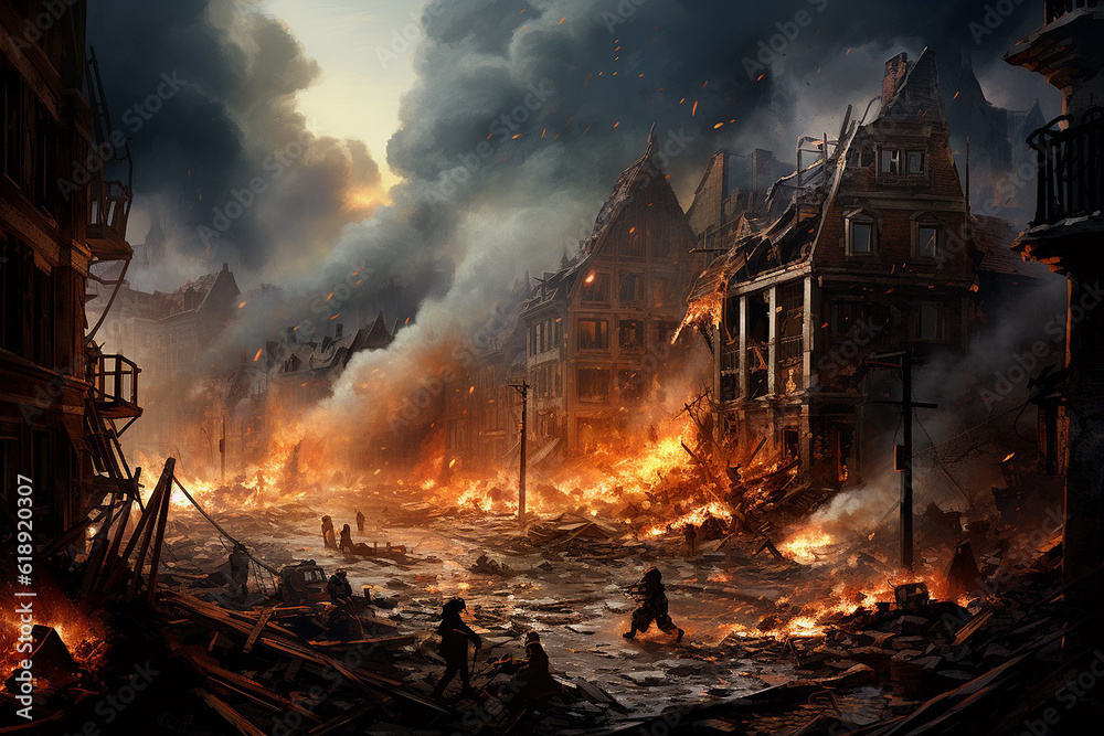 Fototapeta premium Modern City Center: From Civil War to Disaster and Fire