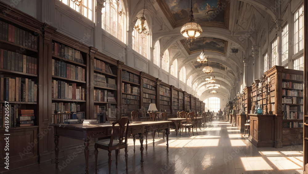 interior of a huge vintage library with many books, anime style illustration.
