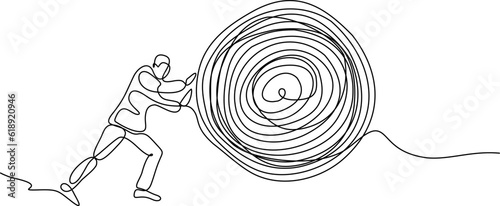 continuous line drawing of man pushing a rock vector illustration