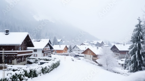 winter landscape with houses and mountains