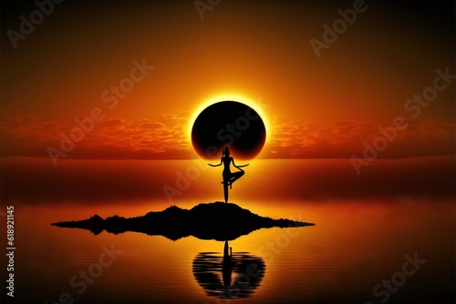 a person standing on a small island in the middle of a body of water with a large ball in the middle of the water and a sunset in the background with a person doing a yoga pose.