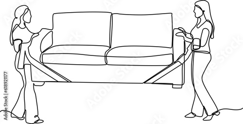 continuous line illustration design people lifting sofa	