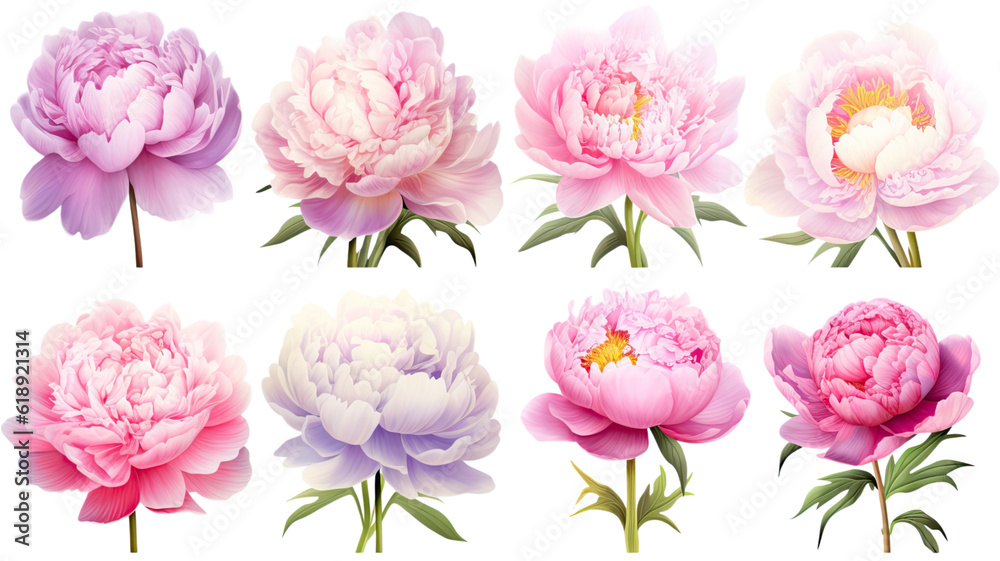a collection of soft pastel peonies flowers isolated on a transparent background, generative ai a collection of soft pastel peonies flowers isolated on a transparent background, generative ai