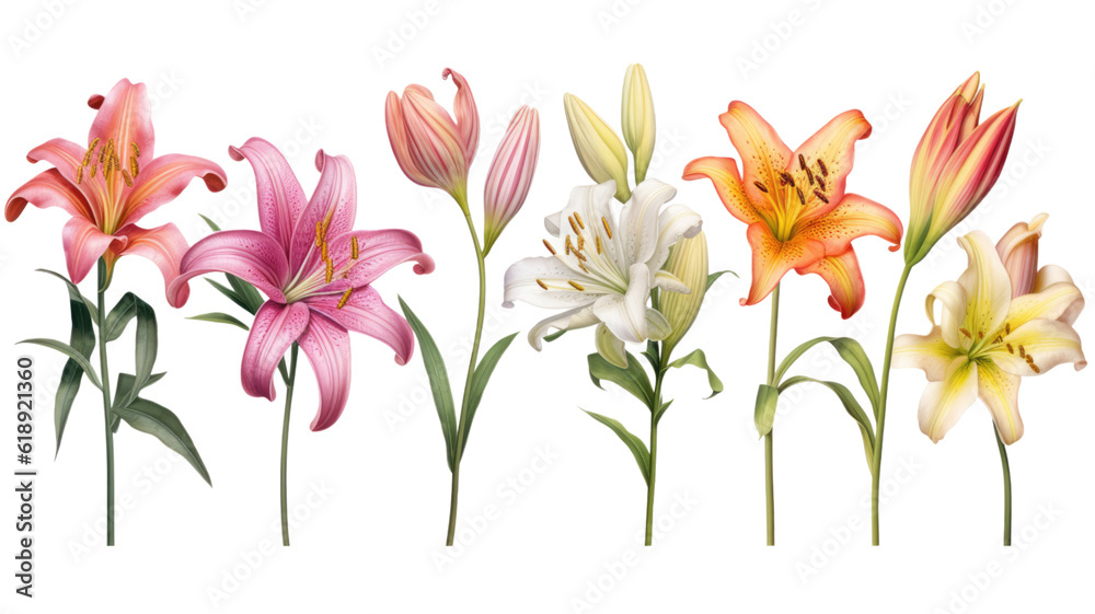 Naklejka premium a collection of soft pastel lilies flowers isolated on a transparent background, generative ai