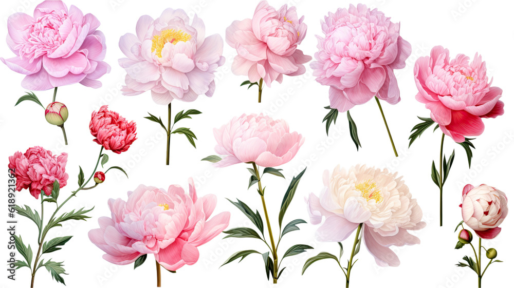 a collection of soft pastel peonies flowers isolated on a transparent background, generative ai