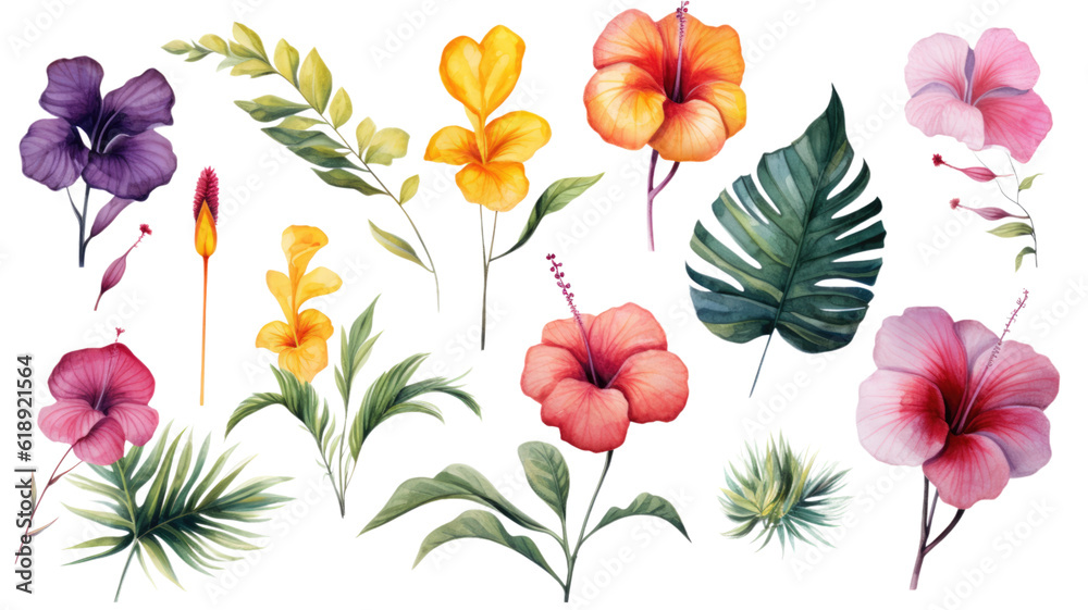 a collection of soft watercolor tropical beach flowers isolated on a transparent background, generative ai