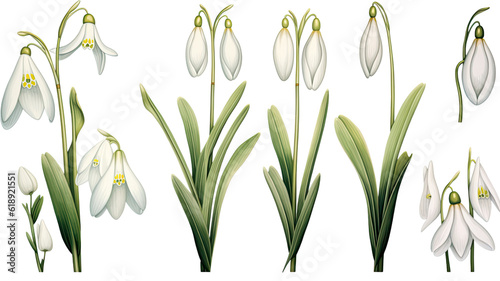 a collection of soft watercolor snowdrops flowers isolated on a transparent background, generative ai