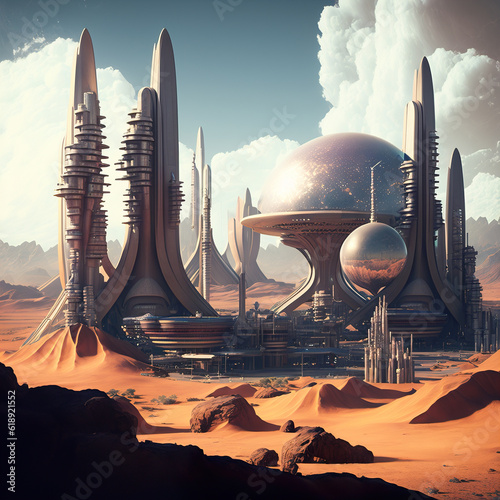 City of the future on another planet. Futuristic landscape with unusual buildings. Generative AI.