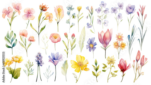 a collection of soft watercolor spring flowers isolated on a transparent background, generative ai