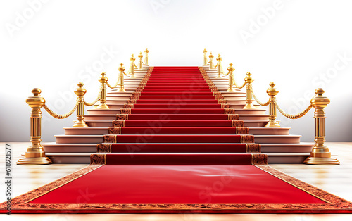 Stairs with red carpet and golden stanchions. Special entrance, ceremony, event, celebration, party, celebration, ceremony, award, podium, VIP, celebrity, elegant, goal achievement, success concept.