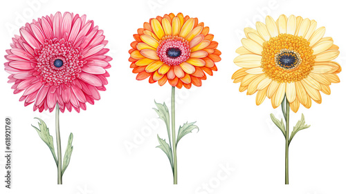 collection of hand drawn gerbera daisies flowers isolated on a transparent background, generative ai