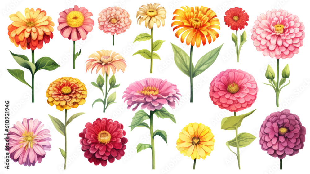 collection of hand drawn zinnias flowers isolated on a transparent background, generative ai collection of hand drawn zinnias flowers isolated on a transparent background, generative ai