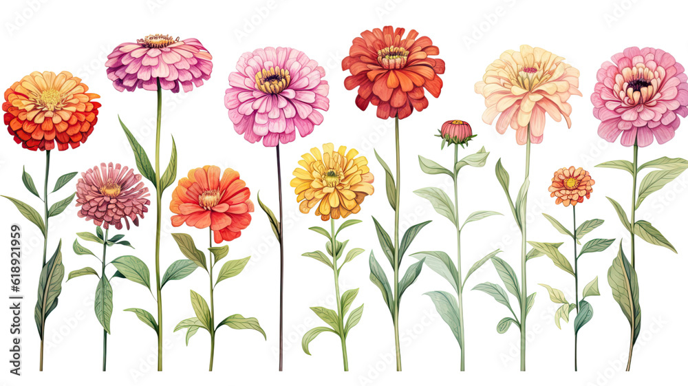 collection of hand drawn zinnias flowers isolated on a transparent background, generative ai