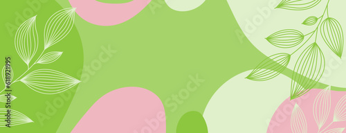 Green and pink abstract background with linear beautiful leaves. Banner for spa and beauty salons. Natural background