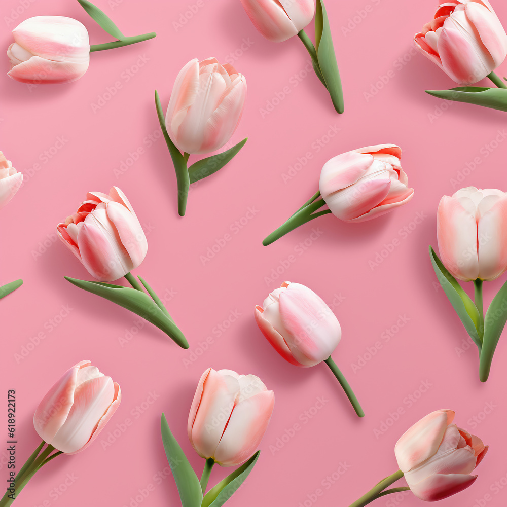 Pink tulips on pastel pink background. Flat lay, top view (ai generated) Pink tulips on pastel pink background. Flat lay, top view (ai generated)