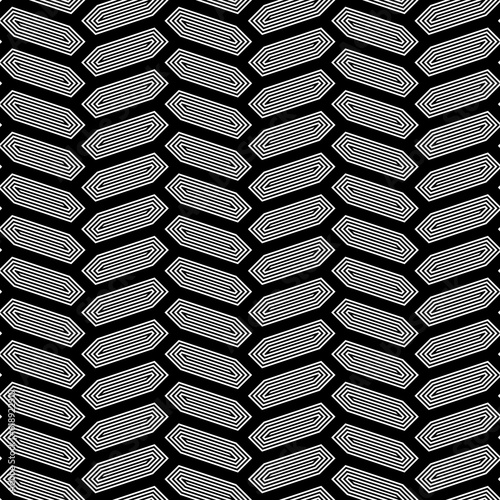Herringbone motif. Seamless surface pattern design with white hexagons tessellation ornament. Mosaic parquet wallpaper. Black zigzag weaving lines. Jagged strokes. Digital paper, page fills. Vector.
