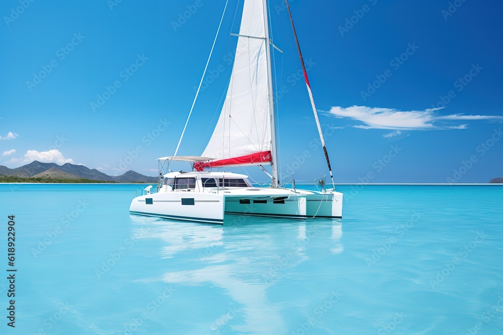 Naklejka premium White catamaran on azure water against blue sky, Caribbean Islands or Mediterranean Sea .generative ai.
