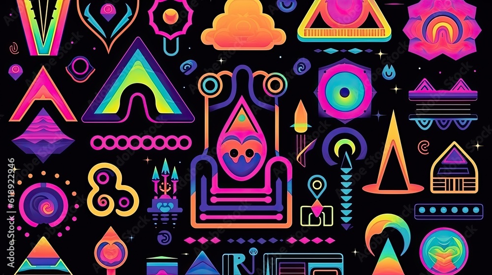 Psychedelic stickers with geometric shapes surreal