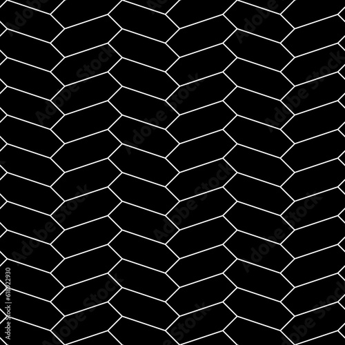 Herringbone motif. White zigzag weaving lines. Jagged stripes. Seamless surface pattern design with hexagons blocks ornament. Mosaic parquet wallpaper. Digital paper, page fills, print. Vector art.