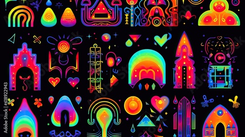 Psychedelic stickers with geometric shapes surreal