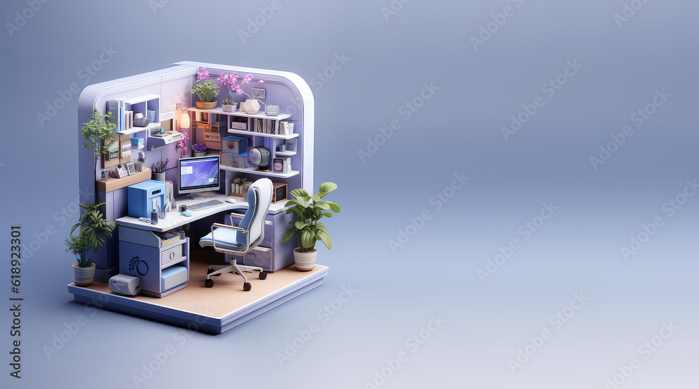 Very detailed isometric home office isolated on flat background with copy space, banner template. 3d Home office, cute room, desk, computer, chair, plants. Generative AI 3d illustration. Very detailed isometric home office isolated on flat background with copy space, banner template. 3d Home office, cute room, desk, computer, chair, plants. Generative AI 3d illustration.