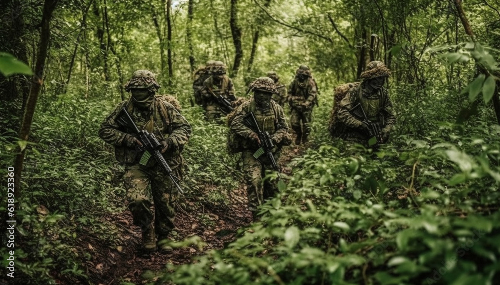 Special forces aim rifles in forest battlefield generated by AI