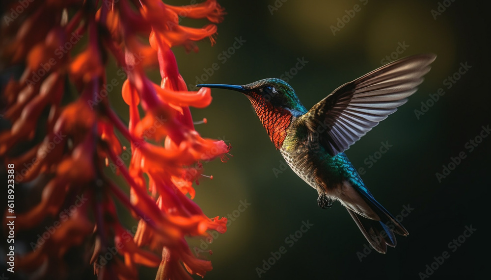 Fototapeta premium Hummingbird hovering mid air, spreading vibrant iridescent wings generated by AI