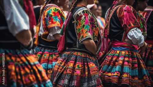 Women in multi colored skirts dance in parade generated by AI