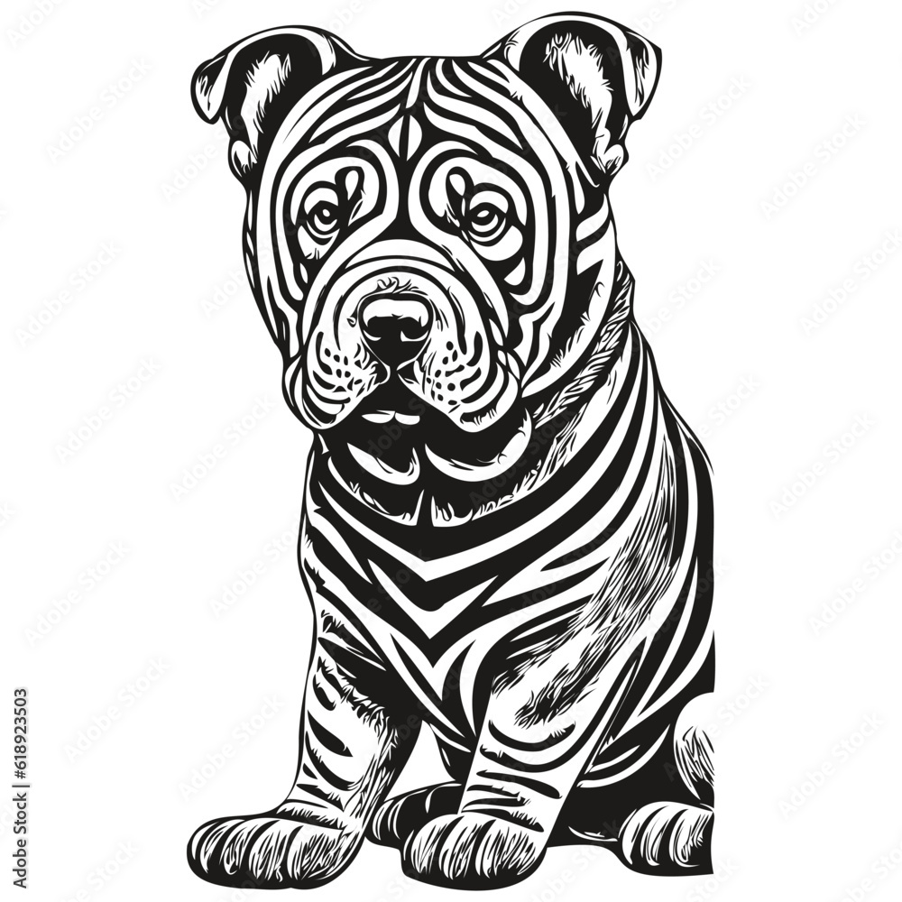 Chinese Shar Pei dog breed line drawing, clip art animal hand drawing vector black and white sketch drawing