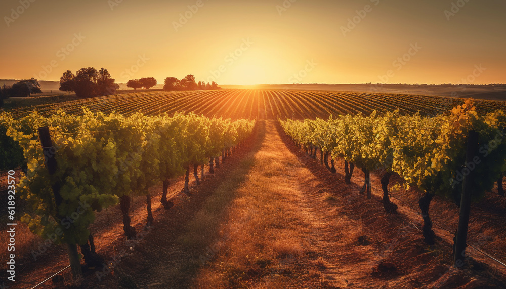 Sunset over vineyard, nature beauty in agriculture generated by AI