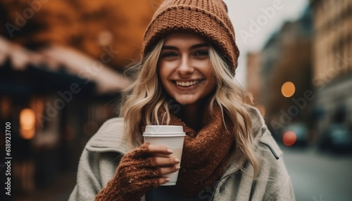 Smiling young woman enjoys hot coffee outdoors generated by AI