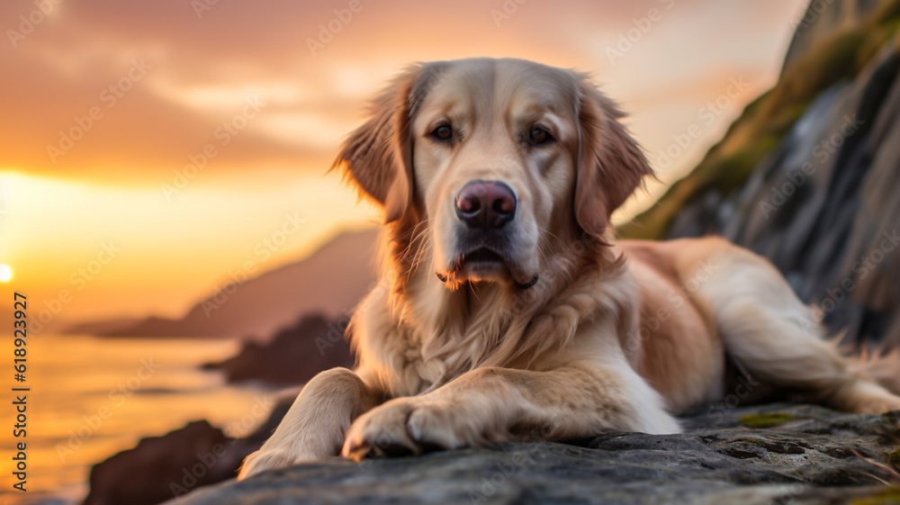 Golden Hour Bliss: Labrador Retriever lies by the Sea and Mountains Golden Hour Bliss: Labrador Retriever lies by the Sea and Mountains