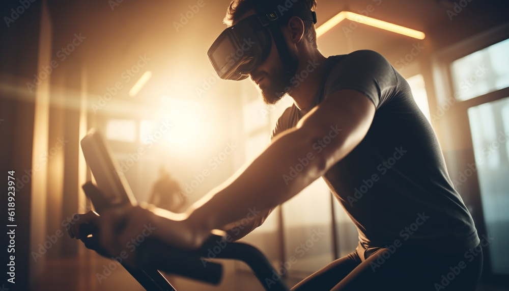 Fototapeta premium Muscular athlete cycling indoors with exercise equipment generated by AI