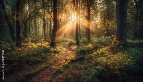 Sunlit forest path reveals autumn vibrant colors generated by AI