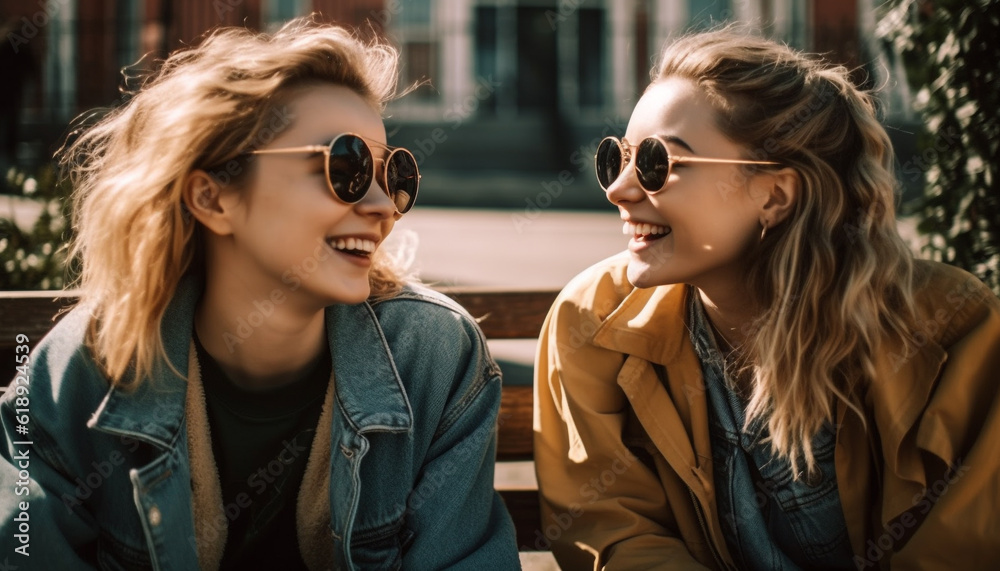 Two young women sitting outdoors, enjoying summer generated by AI Two young women sitting outdoors, enjoying summer generated by AI