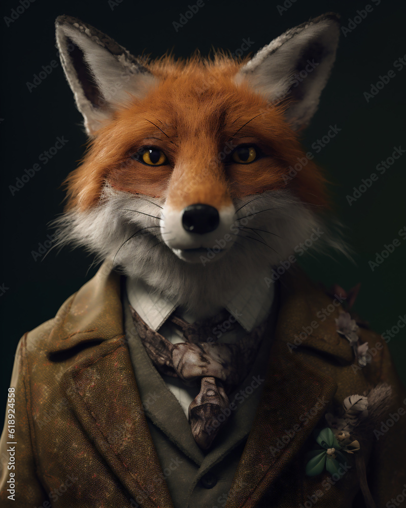 Obraz premium Studio portrait of a stylish anthropomorphic fox wearing a suit. Generative ai.