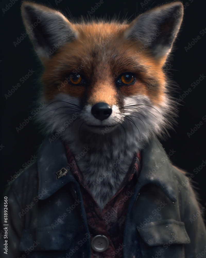 Studio portrait of a stylish anthropomorphic fox wearing a suit. Generative ai. Studio portrait of a stylish anthropomorphic fox wearing a suit. Generative ai.