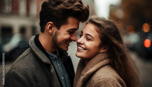 Young couple smiling, embracing, enjoying city life generated by AI