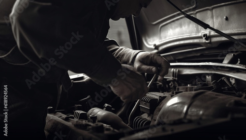 Auto mechanic repairing engine, examining dirty bonnet generated by AI