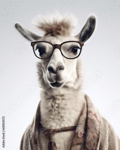 Anthropomorphic llama wearing clothes and glasses on a white background. Generative ai. © Modern Artizen