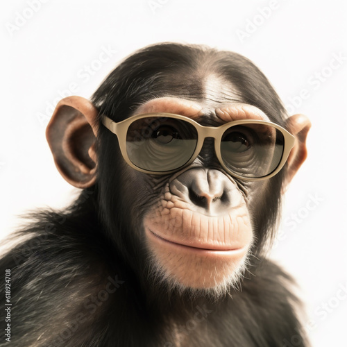 Intriguing Fashion-Forward Chimpanzee Donning Chic Glasses - A Studio Portrait that Entertainingly Fuses Animal Uniqueness with Human Couture. Generative AI.