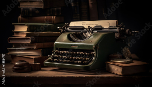 Antique typewriter on wooden desk tells stories generated by AI