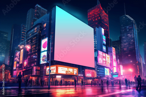 Big electric billboard on high skyscraper in neon color megapolis. Futuristic cyberpunk modern city illustration photo