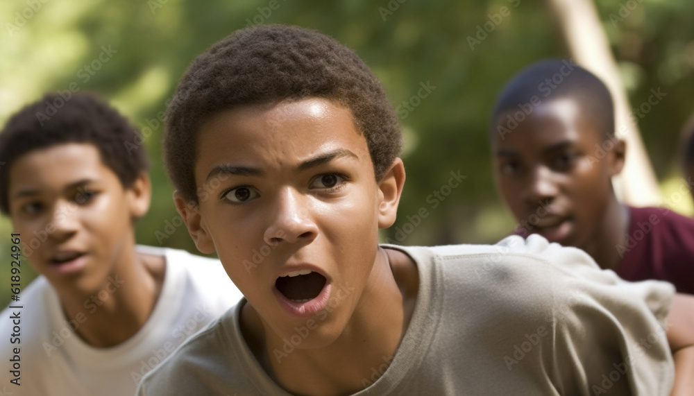 Smiling boys in casual clothing enjoy nature generated by AI Smiling boys in casual clothing enjoy nature generated by AI